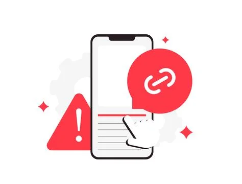 Spam link warning on smartphone with red alert icon and broken chain symbol Illustrazione stock