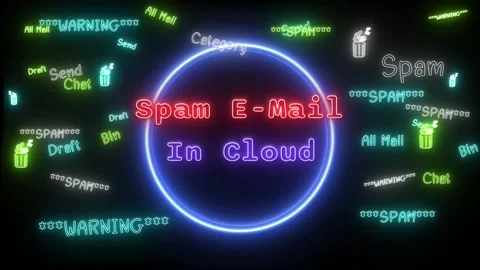 Spam mail in cloud Neon red-blue Fluorescent Text Animation blue frame Stock Footage 237001497