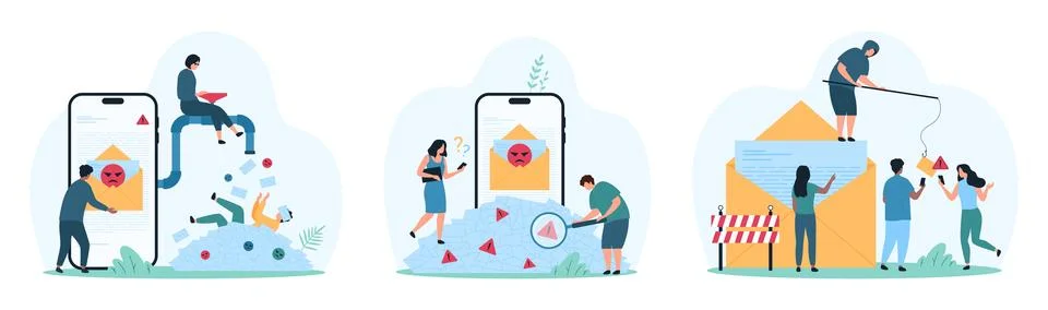 Spam notifications overload set, tiny people with magnifying glass study letters Stock Illustration