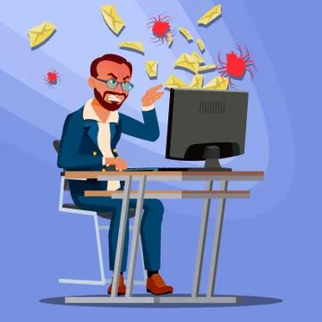 Spam Virus Concept Vector. Man. Internet Technology. Online Mail Attack. Hack Stock Illustration