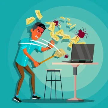 Spam Virus Concept Vector. Man. Internet Security. Hacker Online. Data 库存插图