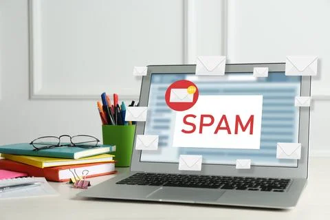 Spam warning message in email software. Envelope illustrations popping out .. Stock Photos