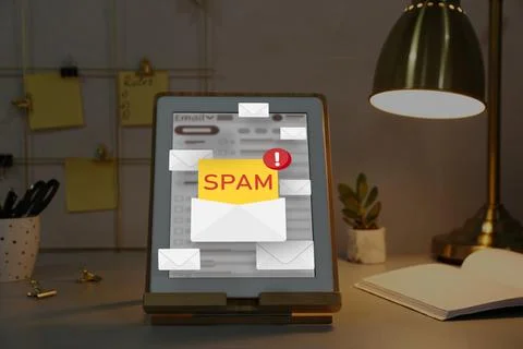 Spam warning message in email software. Envelope illustrations popping out .. Stock Photos