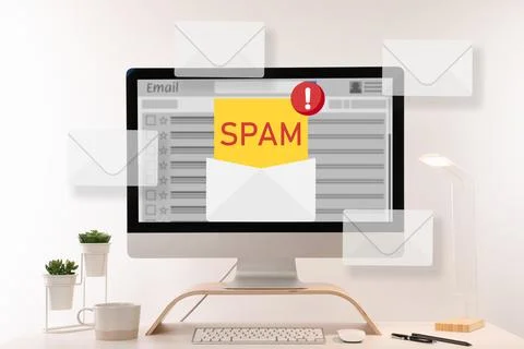 Spam warning message in email software. Envelope illustrations popping out .. Stock Photos