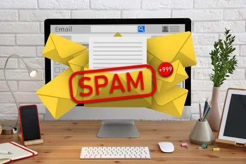 Spam warning message in email software. Envelope illustrations popping out .. Stock Photos