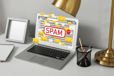 Spam warning message in email software. Envelope illustrations popping out .. Stock Photos