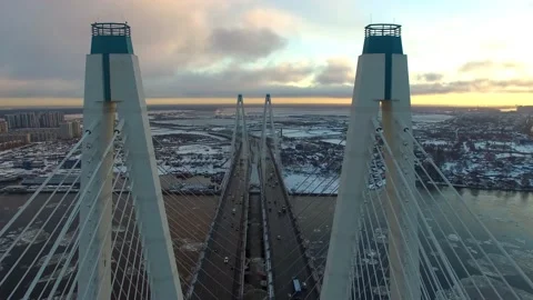 Span between the pylons of the cable-stayed bridge, aerial shot Stock Footage 172541304