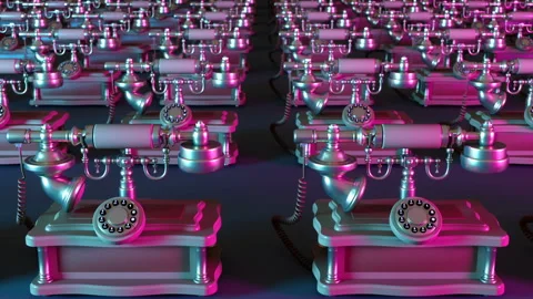 Span of the camera over the even rows of antique telephones in neon light Stock Footage 119692583