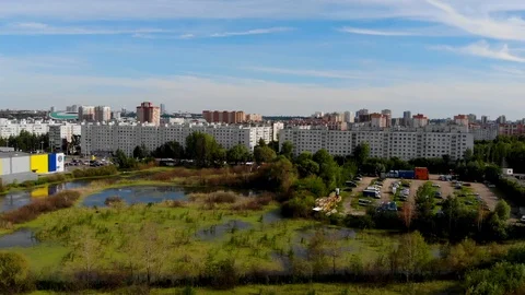 Span of the Copter above the lake, on which the oil spilled Stock Footage 93448743