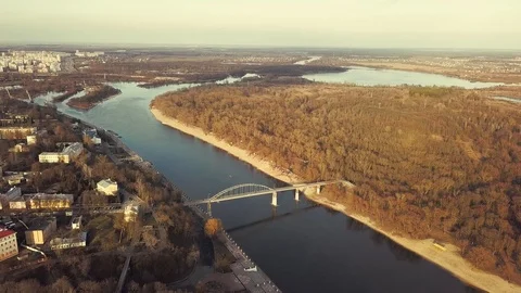 Span on a copter over a river and park in the city of Gomel. Belarus Stock Footage 125700116