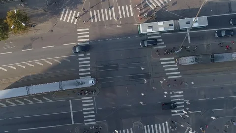 Span down over the crossroad at rush hour.  Aerial view. Stock Footage 100586294