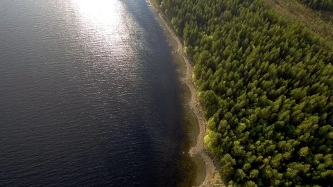 The span of the drone along the coast of the sea bay. Forest on the shore Stock-Footage 104577696