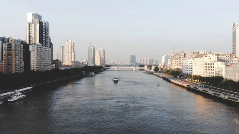 The span of the drone over the cateromb that floats on the river. Stock Footage 101865978