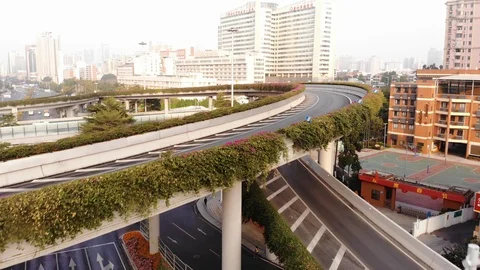 The span over the multi-level road junction. Fly close to the obstacles. Stock Footage 102559846