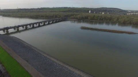 The span over the river to the bridge, the view from the air  Video stock 71843600
