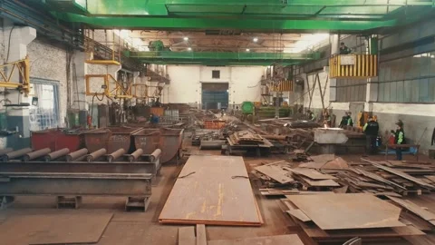 A span through the workshop for the assembly of metal structures. Factory for Video stock 164718682