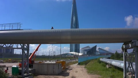 Span under the pipeline. Aerial view of the skyscraper Lakhta Center Stock Footage 137518446
