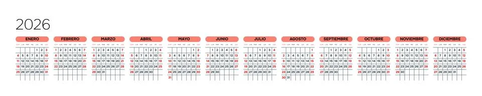 Spanish 2026 Horizontal Linear Grid Creative Studio Line Art Calendar Minimal Mo Stock Illustration