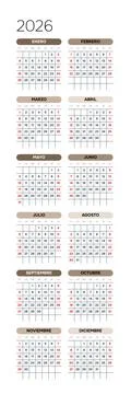 Spanish 2026 Vertical 2x6 Grid Linear Workflow Tracking Calendar Minimalist Annu Stock Illustration