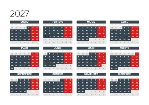 Spanish 2027 Horizontal 4x3 Grid Minimalist Wireframe Annual Calendar Blank Line Stock Illustration