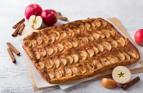 Spanish apple pie, flatbread with apples, almoishavena with fresh apples Stock Photos