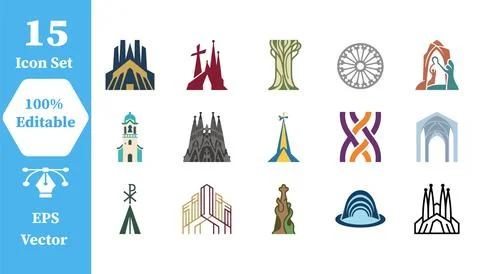 Spanish architectural landmark icon set for travel and tourism design Ilustración de archivo