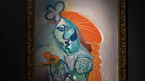 Spanish artist Pablo Picasso art piece named "Buste de Matador", depicting Stock Footage