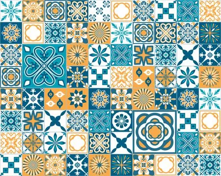 Spanish Azulejo style decorative pattern, blue orange white square ceramic ti 스톡 일러스트