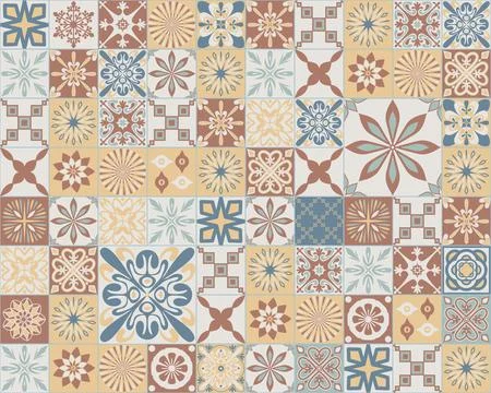 Spanish Azulejo style pastel pattern, blue brown beige yellow ceramic tile sq Stock Illustration