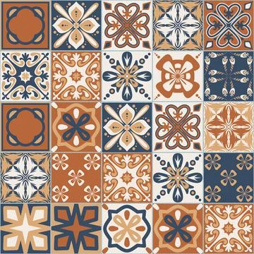 Spanish Azulejo style seamless pattern, brown beige blue square imitation of  Stock Illustration