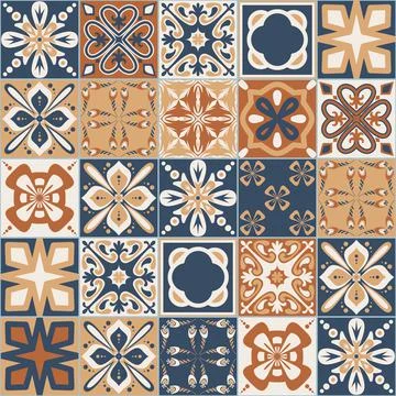 Spanish Azulejo style seamless pattern, brown beige blue ceramic tiles for de 스톡 일러스트
