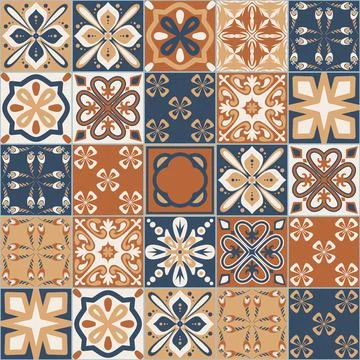 Spanish Azulejo style seamless pattern, square imitation of ceramic tiles for 스톡 일러스트