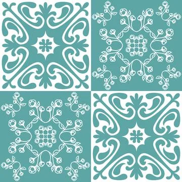 Spanish Azulejo style vector illustration, square symmetrical tiles Stock Illustration