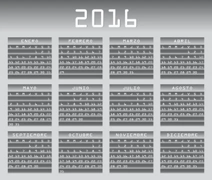 Spanish calendar 2016 greyscale vector Stock Illustration