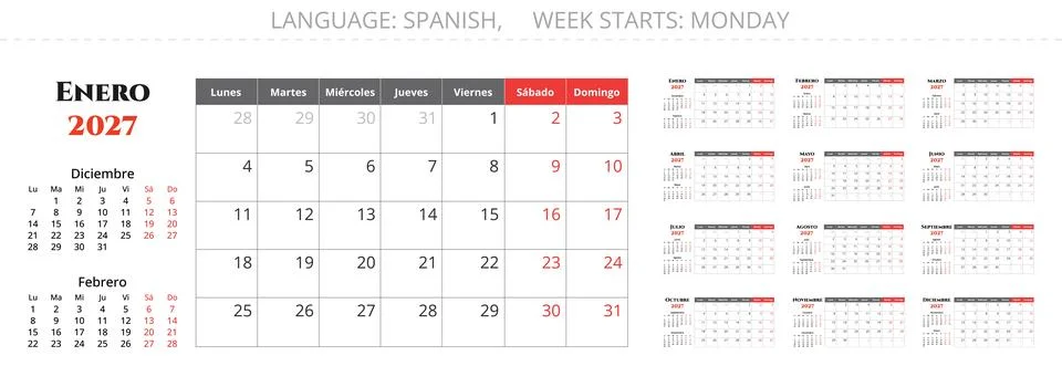 Spanish calendar for 2027 year simple planner template layout in vector cal.. Illustration