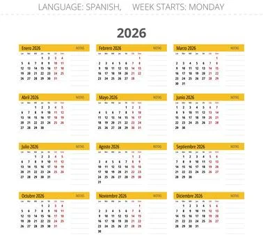 Spanish calendar. Collection of vector illustrations for each month in 2026.. Stock Illustration