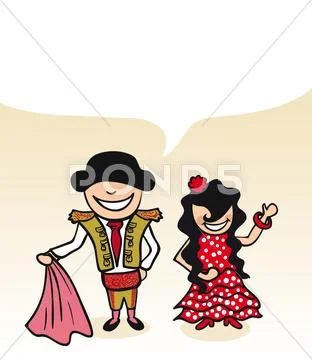 Spanish cartoon couple bubble dialogue Stock Illustration