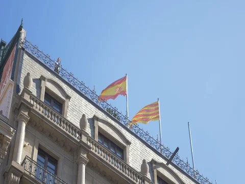 Spanish catalan flags in streets march rally Spain flag Video stock 81413140