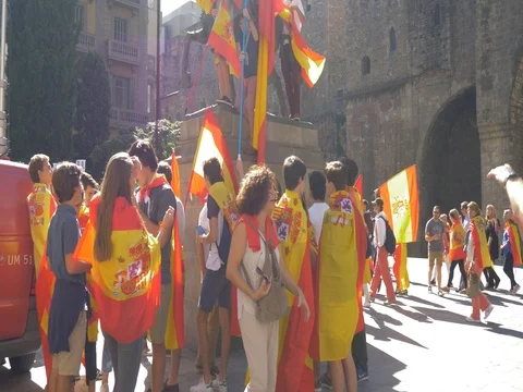 Spanish catalan protests march flags rally crowd people protesting streets Spain Stock Footage 81413791