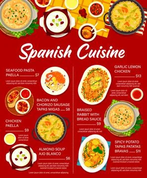 Spanish cuisine vector menu Spain meals price list Stock Illustration