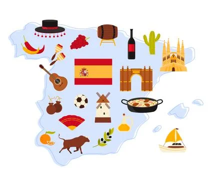 Spanish culture elements and flag of country, famous landmarks and food on Spain Stockillustratie