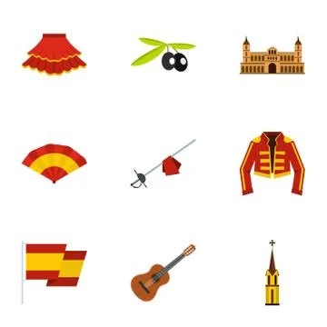 Spanish elements icons set, flat style Stock Illustration