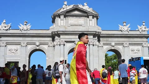 Spanish Fan Flag Puerta De Alcala Madrid World Cup Victory Parade Low Angle Stock Footage 344073051