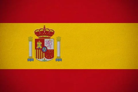 Spanish flag is being shown in flat design with crowned shield and pillars, Stock Photos