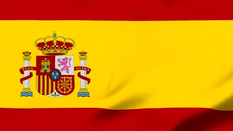 Spanish flag with coat of arms waving in the wind Video stock 343317433