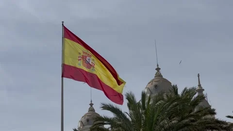 Spanish flag with palm trees and architecture at the background. Alicante, Spain Stock Footage 175916876