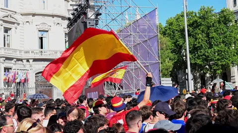 Spanish Flag Waving Over Crowded Soccer Fans Plaza De Cibeles Madrid World Cup Stock Footage 343896772
