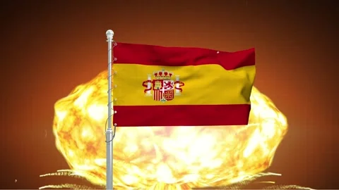 Spanish flag waving proudly on silver pole against massive fiery nuclear ex.. Vídeos de archivo 341868807