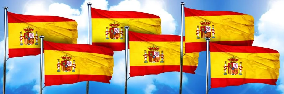 Spanish flags, 3D rendering, on a cloud background Illustrazione stock