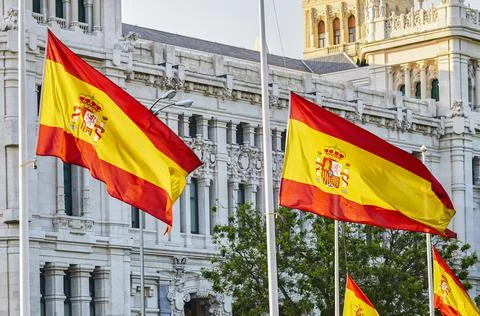 Spanish flags at half mast Stock Photos